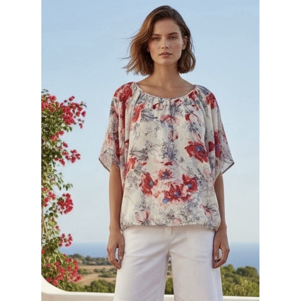cABI Red Floral Print 100% Silk Blouse‎ Womens Oversized Flowy Romantic Top XS